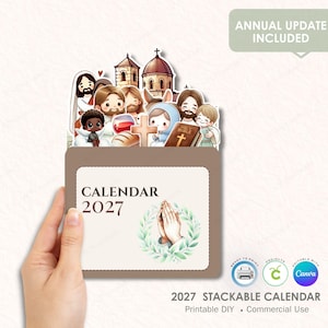Puede incluir: Calendario apilable 2027 con temática religiosa. Presenta ilustraciones de figuras y símbolos religiosos, con el texto «CALENDAR 2027» y «ANNUAL UPDATE INCLUDED». Diseñado para proyectos de bricolaje imprimibles y uso comercial.