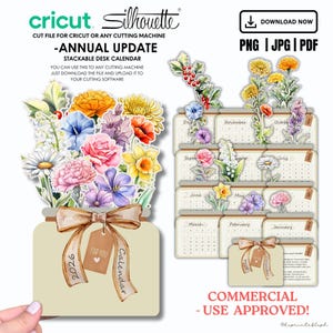 Plantilla de calendario de escritorio apilable con flores de nacimiento de 2026: Archivos PNG de corte con flores de acuarela (descarga instantánea)