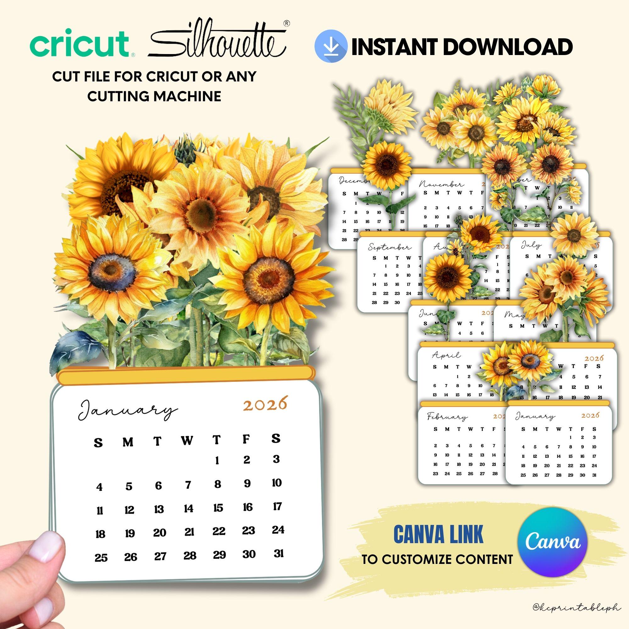 2026 Sunflower Stackable Desk Calendar | Digital Download | PDF, PNG, JPG | Editable Canva Template |  Cricut Cut Files | Commercial Use