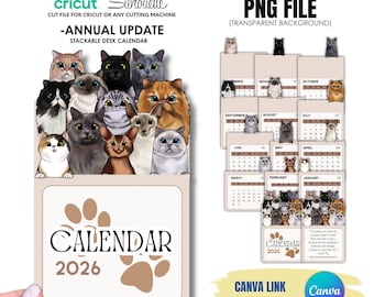 2026 Cat Desk Calendar Printable | Stackable Calendar PDF PNG JPG | Cricut Files Canva Template | Cute Peeking Cat Art