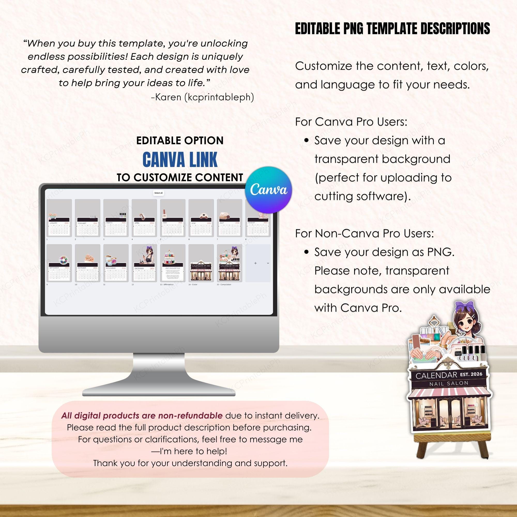 Saloon Notepad 2027 Nail Salon Calendar Template, Stackable Desk Calendar PNG, Cricut ...