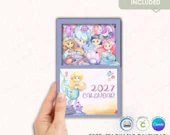 2027 Mermaid Stackable Calendar Template, Layered Paper Calendar, Printable DIY Desk Calendar, Cricut PNG, Canva Editable, Commercial Use