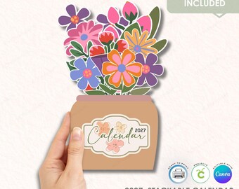 Calendario de escritorio apilable con diseño floral 2027, imprimible para hacer tú mismo, archivo de corte para Cricut (PNG)