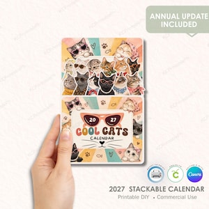 Puede incluir: Un calendario apilable de 2027 que presenta una colección de gatos ilustrados con diversos accesorios como gafas de sol, bufandas y perlas. El diseño incluye un fondo de rayos de sol retro, el texto Cool Cats Calendar y gráficos con temática felina.