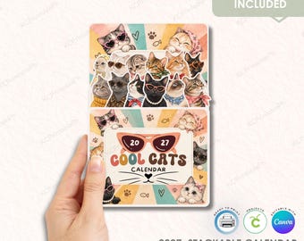 Calendario de gatos elegante 2027, calendario de escritorio retro de gatos para imprimir, calendario apilable de gatos geniales, plantilla editable de Canva, PNG para Cricut