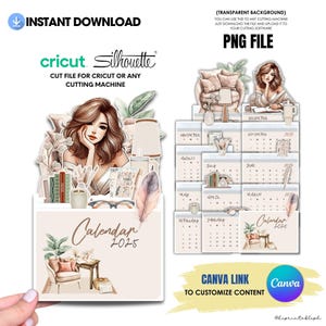 Puede incluir: Un calendario imprimible digital para 2025 con una estética acogedora. El calendario presenta a una mujer leyendo un libro en una silla, una lámpara y libros. El calendario está diseñado para su uso con máquinas de corte Cricut o Silhouette. La imagen también incluye un enlace de Canva para personalizar el calendario.