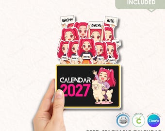 2027 Mira Chibi Stackable Calendar Template, Printable Cricut Cut File, Canva Editable Desk Calendar, PNG PDF JPG Commercial Use