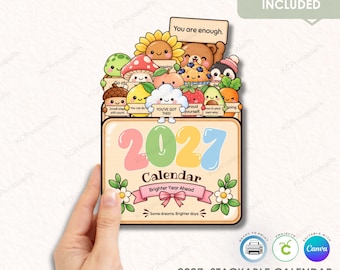 Plantilla de calendario apilable 2027, calendario de afirmaciones kawaii de apoyo emocional, calendario de escritorio bonito, archivo de corte PNG para Cricut, editable en Canva