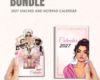 May include: A bundle of 2027 stacked and notepad calendars. One calendar features a woman with makeup, the other a woman in a pink robe. The first calendar has a pink bow and makeup products. The text "BUNDLE" is at the top.
