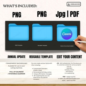 May include: Digital design files in PNG, JPG, and PDF formats. Includes templates for calendars, birthday wishes, and affirmations. Features a Canva link for annual updates. The design is suitable for cutting machines and offers editable content.
