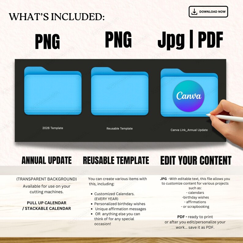 May include: Digital design files in PNG, JPG, and PDF formats. Includes templates for calendars, birthday wishes, and affirmations. Features a Canva link for annual updates. The design is suitable for cutting machines and offers editable content.