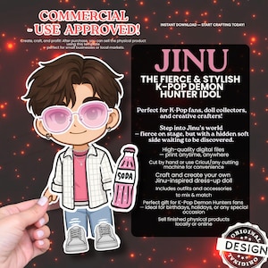 Puede incluir: Diseño digital con una ilustración de dibujos animados de un ídolo de K-Pop llamado Jinu. La imagen incluye el texto "The Fierce & Stylish K-Pop Demon Hunter Idol". El diseño está aprobado para uso comercial e incluye una botella de refresco.