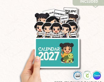 2027 Zoey Chibi Girl Stackable Calendar Template, Printable Cricut Cut File, Canva Editable Desk Calendar, PNG PDF JPG Commercial Use