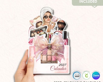 2027 Stackable Calendar, Makeup Theme Printable, DIY Desk Notepad Bundle (png, pdf, jpg)
