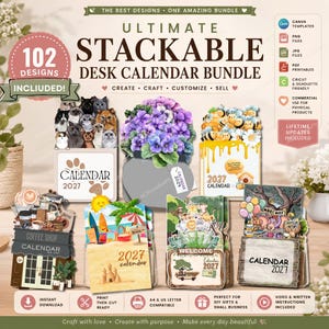 May include: A digital bundle of 102 stackable desk calendar designs for 2027, featuring various themes including cats, flowers, bees, coffee shops, beaches, and wildlife. The set includes Canva templates, PNG, JPG, and PDF files for printing.