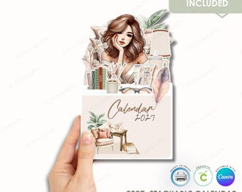 Plantilla de calendario de escritorio apilable estilo bohemio 2027, diseño de planificador neutro (editable en Canva)