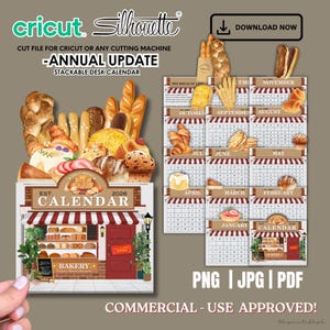 May include: A stackable desk calendar with a bakery theme. The calendar features watercolor illustrations of various baked goods, including croissants, bread, and pastries. The calendar is for the year 2026 and includes the text "Bakery" and "Calendar". The image also includes the text "Annual Update".