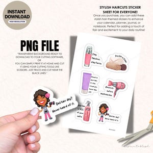 May include: A sheet of stylish haircuts stickers with various hair-themed designs, including a pink hairspray bottle, a pink hair dryer, and a cartoon character. The stickers are designed for calendars, journals, and notebooks.