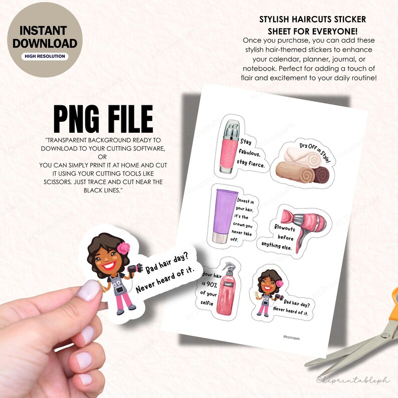 May include: A sheet of stylish haircuts stickers with various hair-themed designs, including a pink hairspray bottle, a pink hair dryer, and a cartoon character. The stickers are designed for calendars, journals, and notebooks.