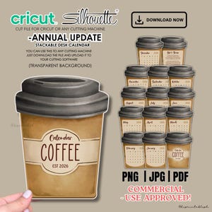 Coffee Cup 2026 Stackable Desk Calendar: Cricut and Canva | Digital Download
