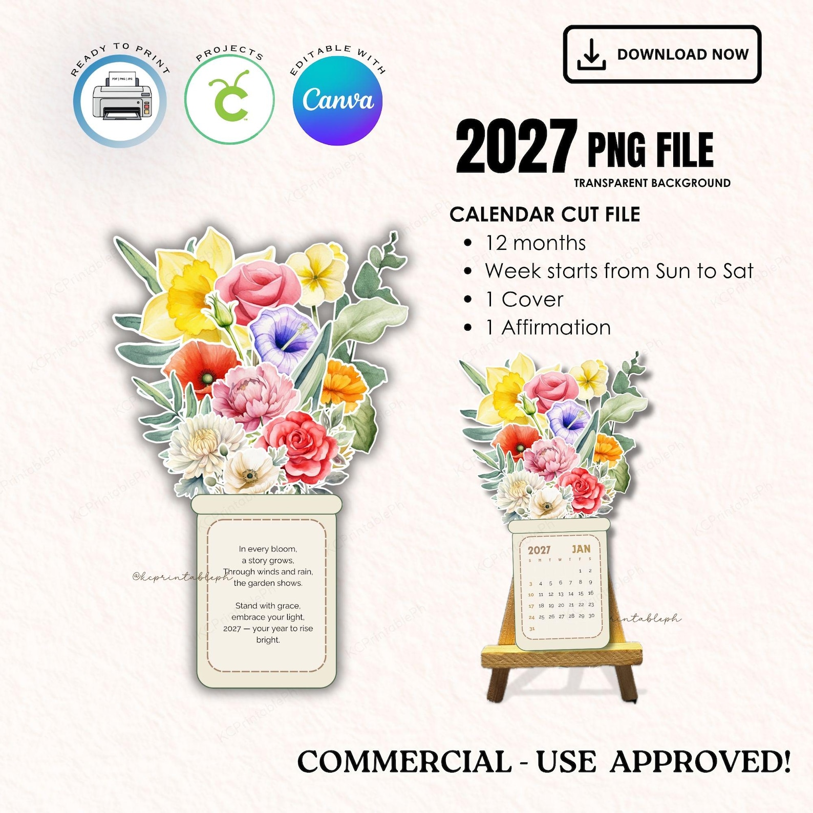 Floral Bouquet Stackable Calendar 2027 | Printable DIY Notepad ...