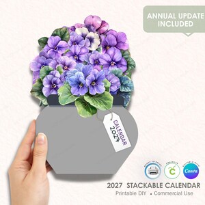 2027 Stackable Desk Calendar Printable | African Violet Floral Calendar | Cricut Print Then Cut | Canva Editable | Commercial Use