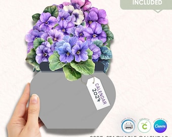2027 Stackable Desk Calendar Printable | African Violet Floral Calendar | Cricut Print Then Cut | Canva Editable | Commercial Use