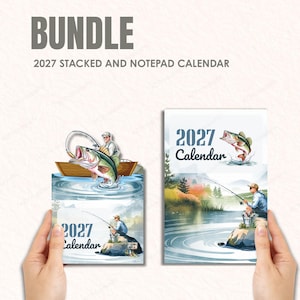 Puede incluir: Un paquete de calendarios 2027 que incluye un calendario apilado y un bloc de notas con ilustraciones de pesca. El calendario apilado muestra a una persona en un bote atrapando un pez, mientras que el bloc de notas muestra a una persona pescando desde una roca.