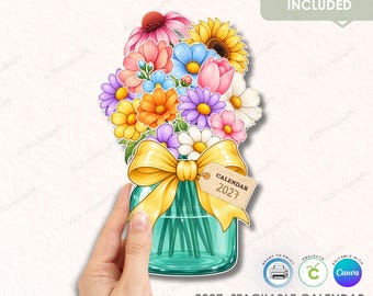 Plantilla de calendario apilable 2027, Ramo de flores de dibujos animados, Calendario de escritorio floral en capas, Archivo de corte PNG para Cricut, Editable en Canva, Uso comercial