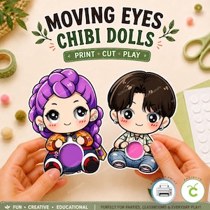 Puede incluir: Dos recortes de muñecas chibi con ojos móviles. Una muñeca tiene cabello morado y la otra cabello castaño. El texto de la imagen dice "MOVING EYES CHIBI DOLLS PRINT CUT PLAY". La imagen también dice "FUN CREATIVE EDUCATIONAL PERFECT FOR PARTIES, CLASSROOMS & EVERYDAY PLAY!"