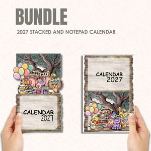 May include: A 2027 stacked and notepad calendar bundle featuring illustrations of cartoon characters, colorful balloons, and trees. The text reads BUNDLE, 2027 STACKED AND NOTEPAD CALENDAR, and CALENDAR 2027, with various month names displayed on the pages.