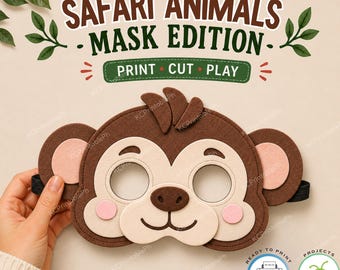 Safari Animal Masks, Kids Pretend Play, Coloring Pages, Role Cards (PDF PNG JPG)