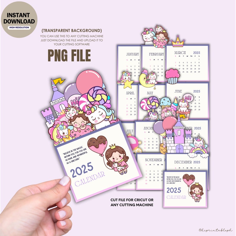 20242025 Cute Unicorn Desk Calendar Print and Cut File, Reusable All