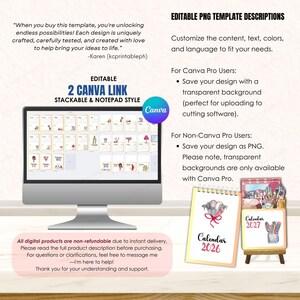 May include: A computer monitor displays a digital calendar template with various designs. The image also shows a notepad-style calendar and a small easel calendar. Text includes "Editable 2 Canva Link" and "Calendar 2026".
