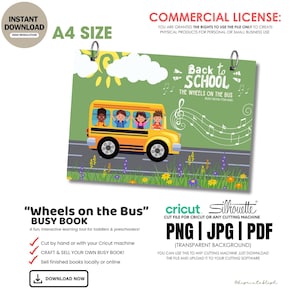 Könnte beinhalten: Eine digitale Download-Grafik für ein "Wheels on the Bus" Beschäftigungsbuch. Das Bild zeigt einen gelben Schulbus mit Kindern vor einem grünen Hintergrund mit Noten. Enthält Text: "Back to School" und "Busy Book for Kids".