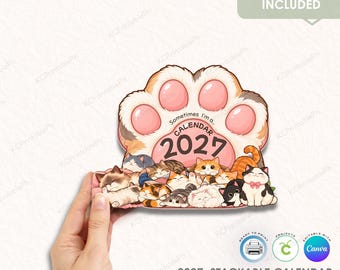 Plantilla de calendario apilado de gatos 2027, calendario de escritorio divertido con gatos, archivo de corte imprimible para Cricut, calendario con huellas de gato, plantilla de Canva, uso comercial.