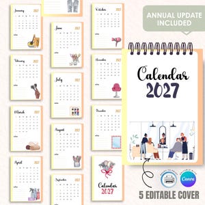 May include: A 2027 calendar with a spiral binding, featuring monthly pages with illustrations of salon tools and a salon scene. The cover reads "Calendar 2027" and includes the text "5 Editable Cover".