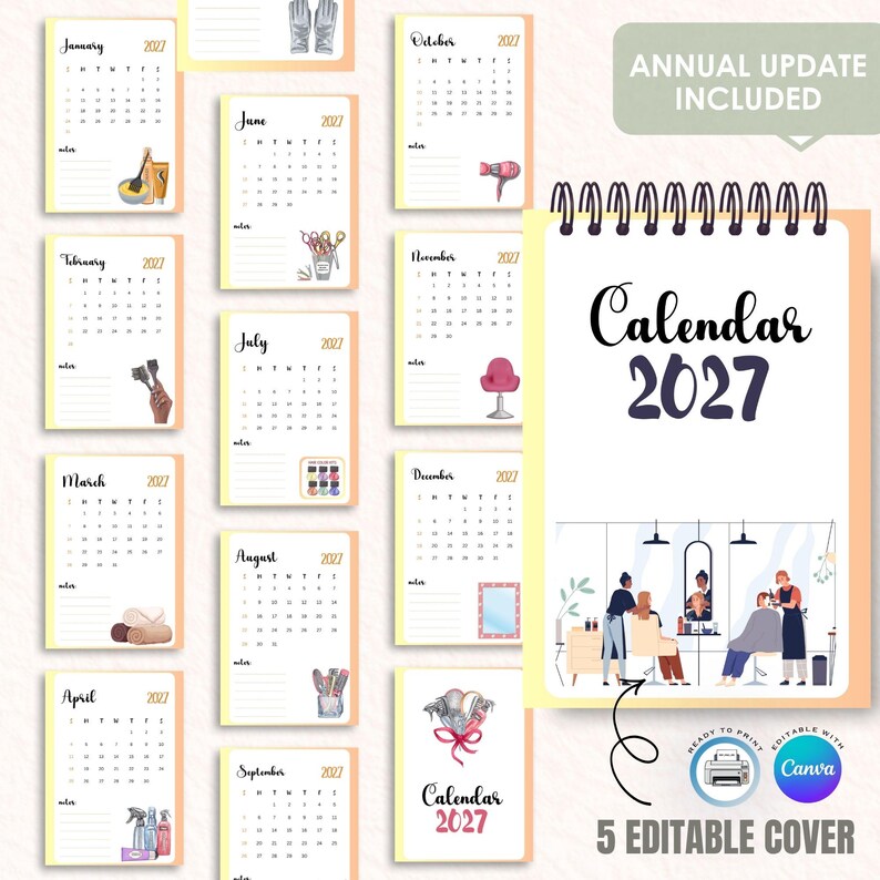 May include: A 2027 calendar with a spiral binding, featuring monthly pages with illustrations of salon tools and a salon scene. The cover reads "Calendar 2027" and includes the text "5 Editable Cover".