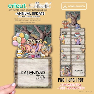 Può includere: Un calendario da scrivania impilabile per il 2026 con un design stravagante con personaggi dei cartoni animati. Il calendario include layout mensili ed è progettato per l'uso con macchine da taglio. Il testo "CALENDAR 2026" è incluso.