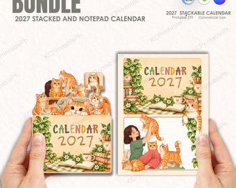 Plantilla de calendario apilable 2027, Calendario de gato atigrado naranja, Calendario de escritorio imprimible, Cricut PNG, Plantilla editable de Canva, Uso comercial