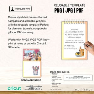 May include: A digital template for creating hairdresser-themed stationery. The design includes a notepad with a stackable style, a salon-themed illustration, and a sample invitation. The template is compatible with PNG, JPG, and PDF files.