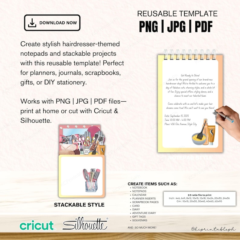 May include: A digital template for creating hairdresser-themed stationery. The design includes a notepad with a stackable style, a salon-themed illustration, and a sample invitation. The template is compatible with PNG, JPG, and PDF files.