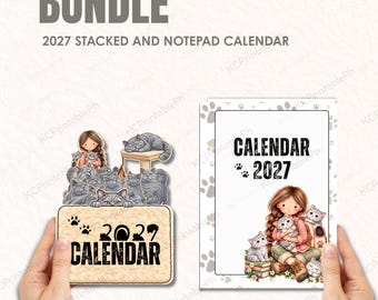 Plantilla de calendario para gatos 2027, calendario apilable para escritorio y bloc de notas, imprimible para British Shorthair