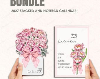 2027 Stackable Desk Calendar & Notepad Bundle | Peonies Floral Theme, Printable DIY (Digital Download)