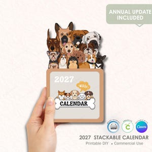 Peut inclure: Calendrier empilable 2027 avec des illustrations de différentes races de chiens. Le calendrier a une bordure beige avec le mot "CALENDAR" sur un design en forme d'os. La phrase "Annual Update Included" est en haut. Le texte du bas indique "2027 Stackable Calendar".