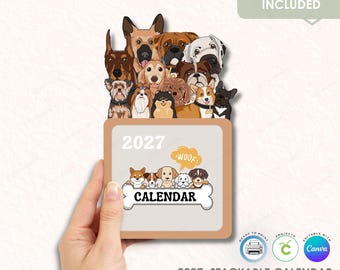 Plantilla de calendario de escritorio apilable para perros 2027, imprimible para hacer tú mismo (uso comercial)