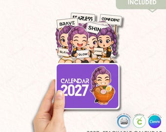 2027 Rumi Chibi Stackable Calendar Template, Printable Cricut Cut File, Canva Editable Desk Calendar, PNG PDF JPG Commercial Use