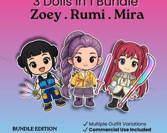 Chibi Paperdoll Printable Bundle – Kawaii Dress Up Dolls, 3 Mix & Match Characters (Digital Download)
