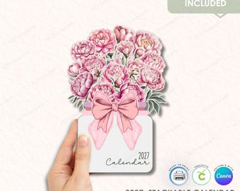 Calendario de escritorio apilable y bloc de notas 2027 / Tema floral de peonías, imprimible para hacer tú mismo (descarga digital)