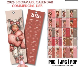 Calendario de marcapáginas 2026 imprimible / Diseños de niña caprichosos, uso comercial (PNG, JPG, PDF)